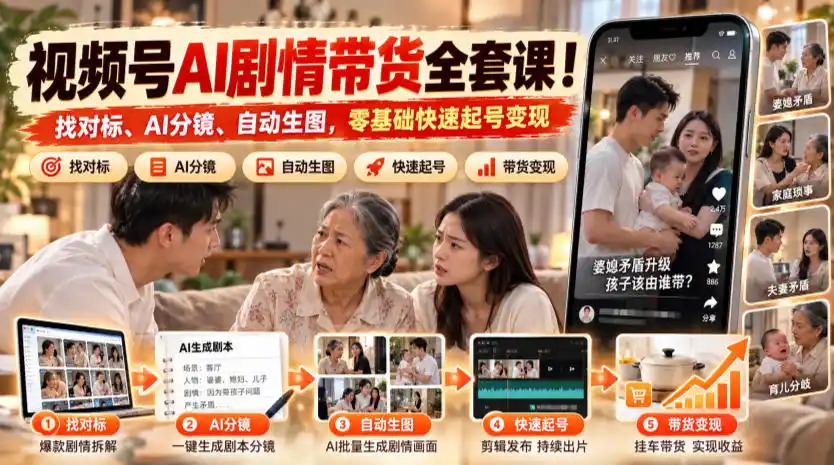 视频号AI剧情带货全套课!找对标、AI分镜、自动生图,零基础快速起号变现-云启智联