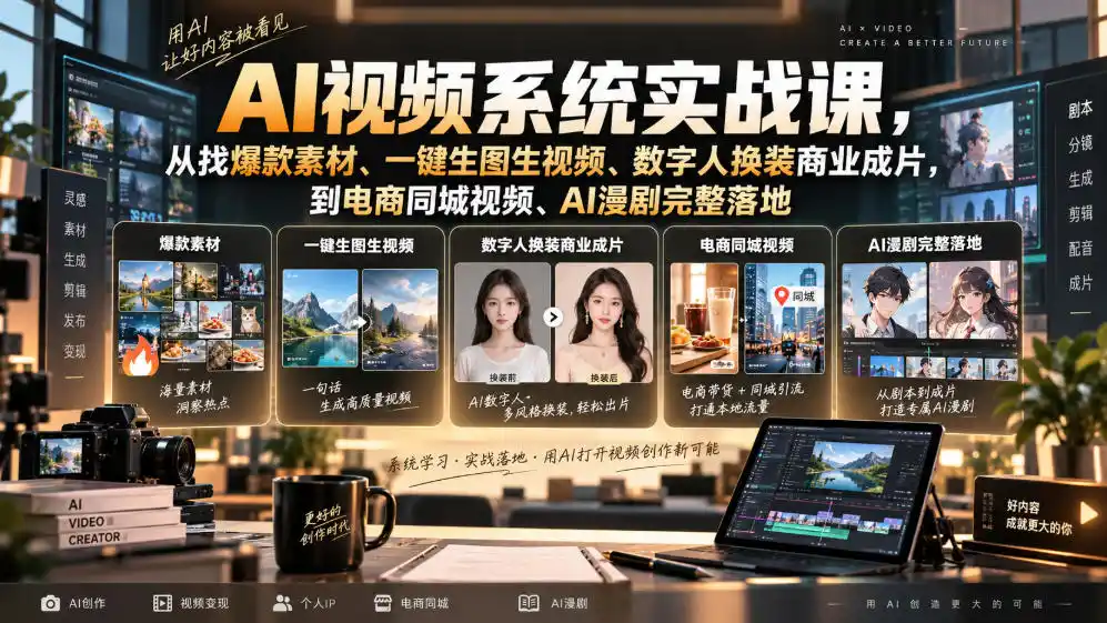 AI视频系统实战课，从找爆款素材、一键生图生视频、数字人换装商业成片，到电商同城视频、AI漫剧完整落地-云启智联