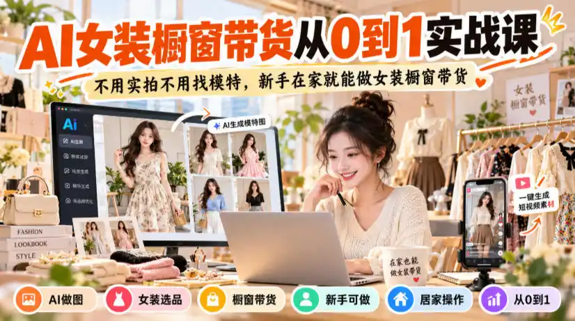 AI女装橱窗带货从0到1实战课，不用实拍不用找模特，新手在家就能做女装橱窗带货-云启智联