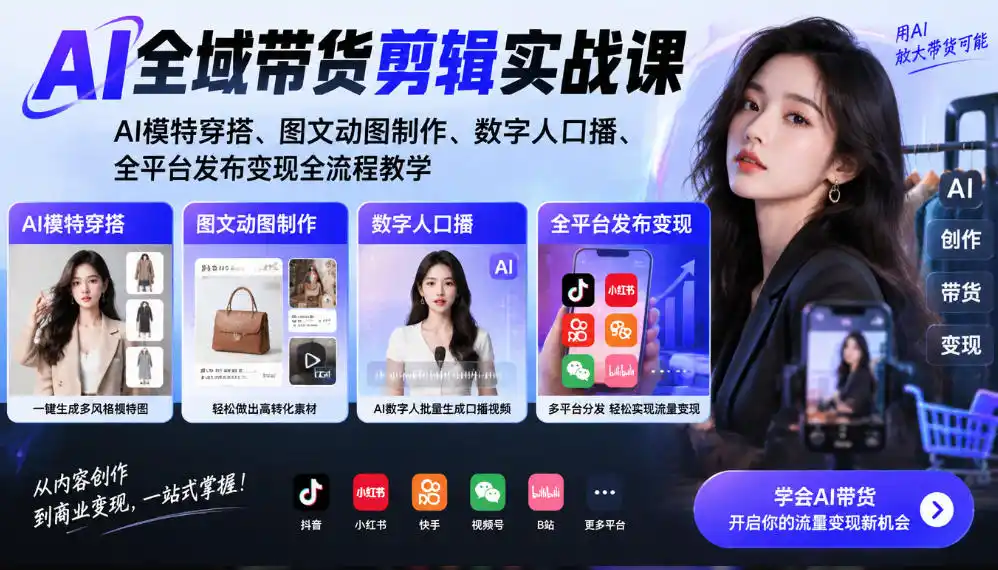 AI全域带货剪辑实战课｜AI模特穿搭、图文动图制作、数字人口播、全平台发布变现全流程教学-云启智联