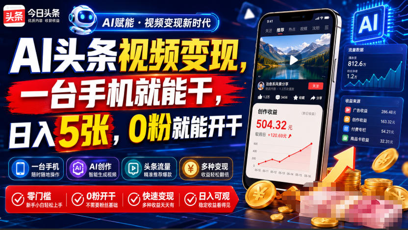 AI头条视频变现，一台手机就能干，日入5张，0粉就能开干-云启智联