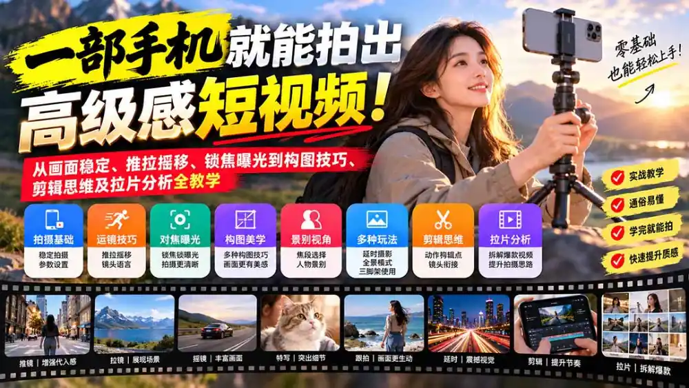 一部手机就能拍出高级感短视频！从画面稳定、推拉摇移、锁焦曝光到构图技巧、剪辑思维及拉片分析全教学-云启智联
