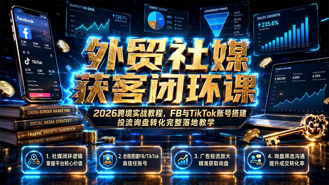 外贸社媒获客闭环课｜2026跨境实战教程，FB与TikTok账号搭建投流询盘转化完整落地教学-云启智联