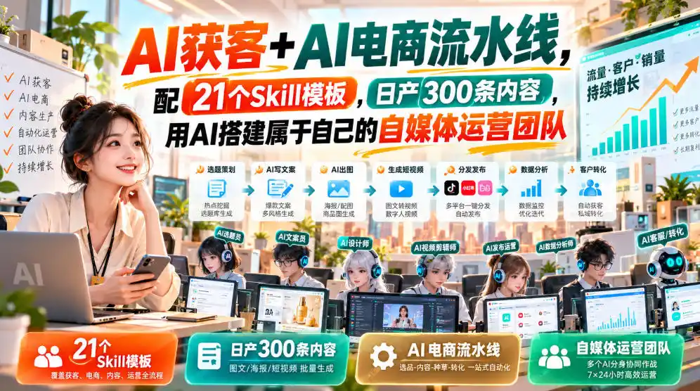 AI获客+AI电商流水线,配21个Skill模板,日产300条内容,用AI搭建属于自己的自媒体运营团队-云启智联