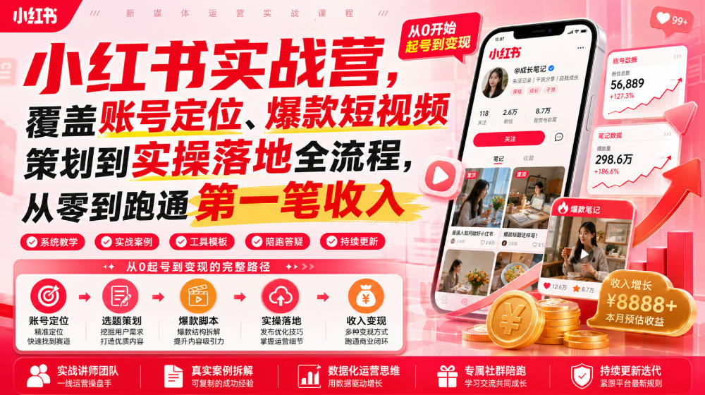 小红书实战营，覆盖账号定位、爆款短视频策划到实操落地全流程，从零到跑通第一笔收入-云启智联