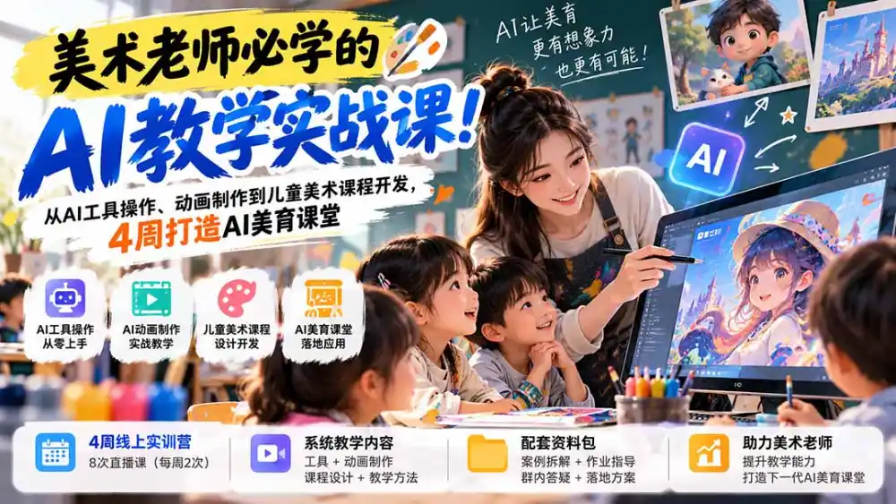 美术老师必学的AI教学实战课!从AI工具操作、动画制作到儿童美术课程开发,4周打造AI美育课堂 美术老师必学的AI教学实战课!从AI工具操作、动画制作到儿童美术课程开发,4周打造AI美育课堂