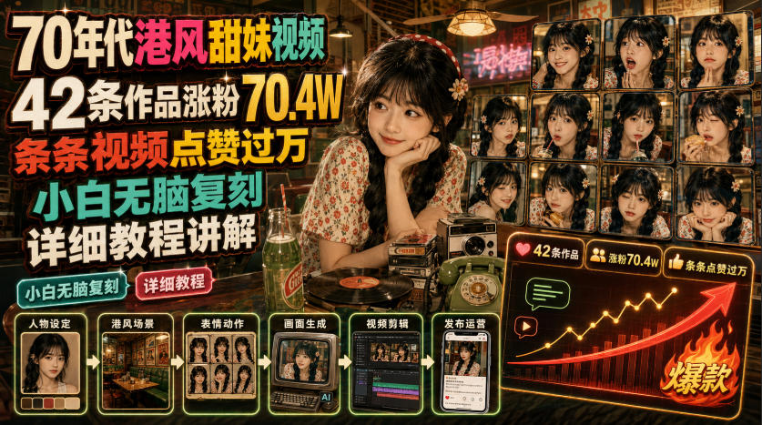 70年代港风甜妹视频，42条作品涨粉70.4W，条条视频点赞过万，小白无脑复刻，详细教程讲解-云启智联