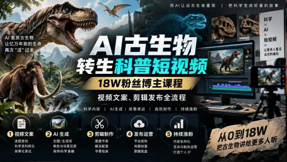 AI古生物转生科普短视频,18W粉丝博主课程,视频文案、剪辑发布全流程-云启智联