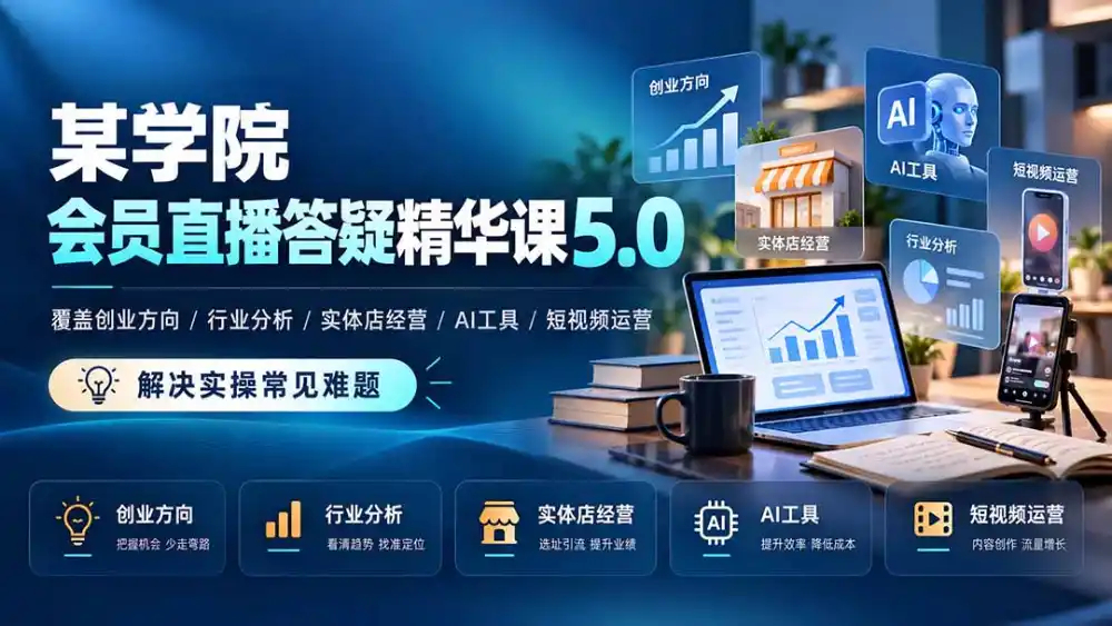 某学院会员直播答疑精华课5.0:覆盖创业方向、行业分析、实体店经营、AI工具和短视频运营,解决实操常见难题!-云启智联