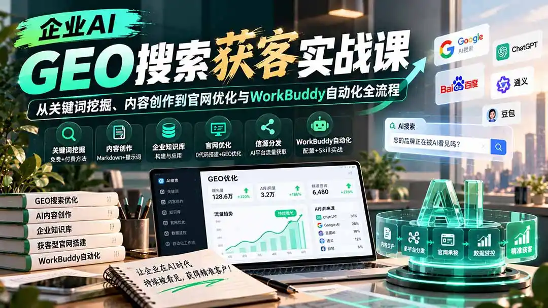 企业AI GEO搜索获客实战课：从关键词挖掘、内容创作到官网优化与WorkBuddy自动化全流程-云启智联