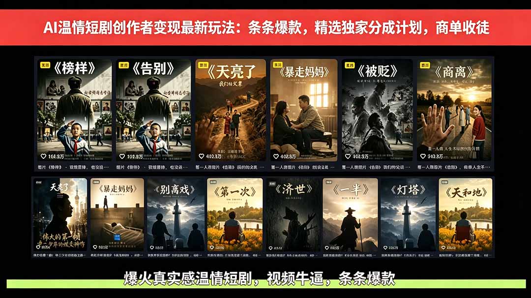 AI温情短剧创作者变现最新玩法：视频牛逼，条条爆款，精选独家分成计划，商单收徒-云启智联