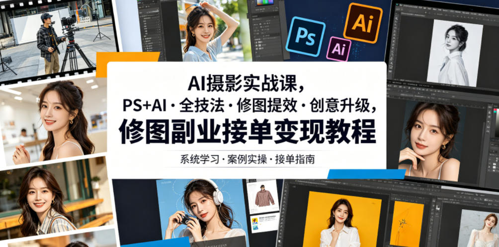 AI摄影实战课，PS+AI・全技法・修图提效・创意升级，修图副业接单变现教程-云启智联