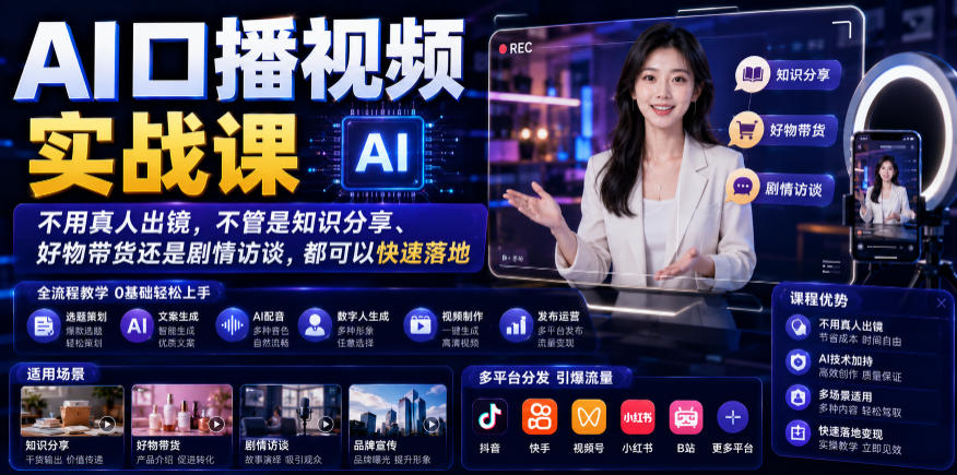 AI口播视频实战课，不用真人出镜，不管是知识分享、好物带货还是剧情访谈，都可以快速落地-云启智联