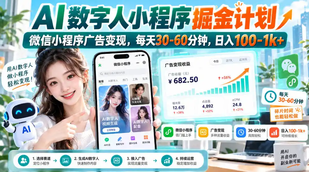 【无水印】AI数字人小程序掘金计划，微信小程序广告变现，每天30‑60分钟，日入100‑1k+-云启智联