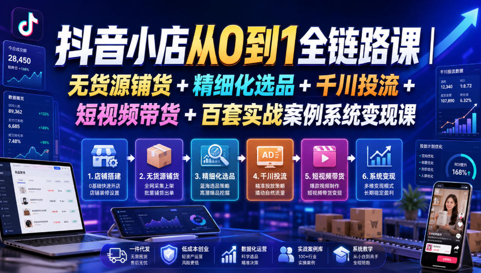 抖音小店从0到1全链路课｜无货源铺货+精细化选品+千川投流+短视频带货+百套实战案例系统变现课(2026年7月更新)-云启智联