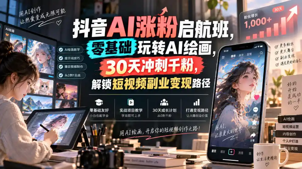 抖音AI涨粉启航班，零基础玩转AI绘画，30天冲刺千粉，解锁短视频副业变现路径-云启智联