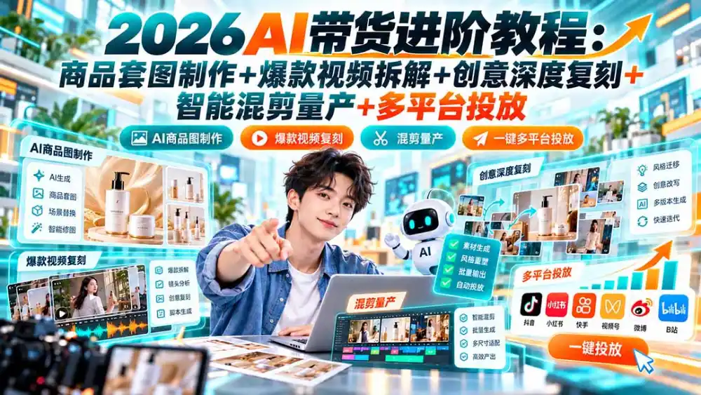 2026AI带货进阶教程:商品套图制作+爆款视频拆解+创意深度复刻+智能混剪量产+多平台投放 2026AI带货进阶教程:商品套图制作+爆款视频拆解+创意深度复刻+智能混剪量产+多平台投放