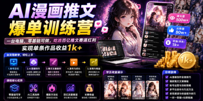 AI漫画推文爆单训练营，一台电脑，零基础可做，吃透百亿推文赛道红利，实现单条作品收益1k+-云启智联