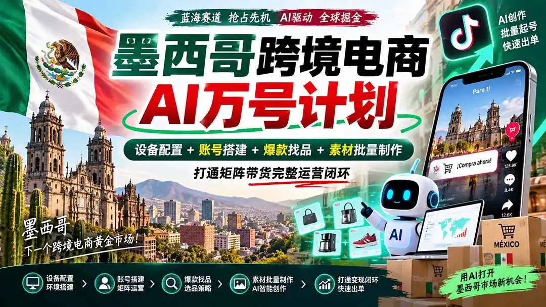 墨西哥AI跨境电商万号计划｜设备配置+账号搭建+爆款找品+素材批量制作，打通矩阵带货完整运营闭环-云启智联