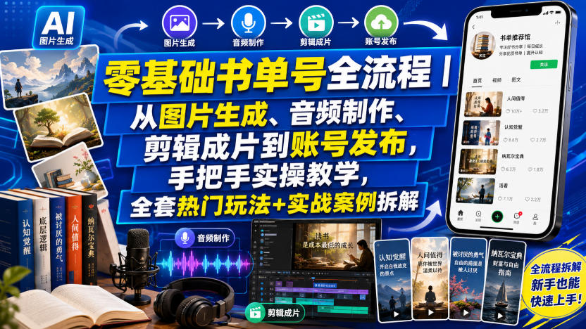 零基础书单号全流程｜从图片生成、音频制作、剪辑成片到账号发布，手把手实操教学，全套热门玩法+实战案例拆解-云启智联