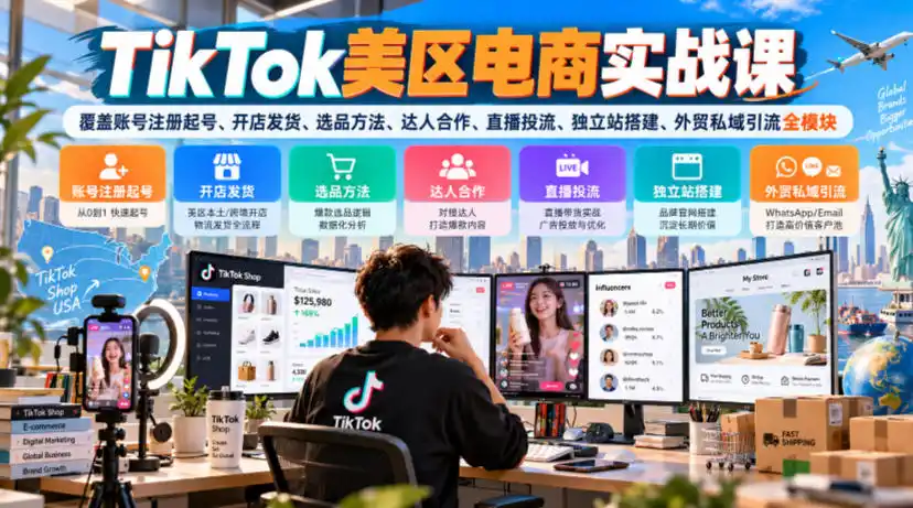 TikTok美区电商实战课,覆盖账号注册起号、开店发货、选品方法、达人合作、直播投流、独立站搭建、外贸私域引流全模块-云启智联