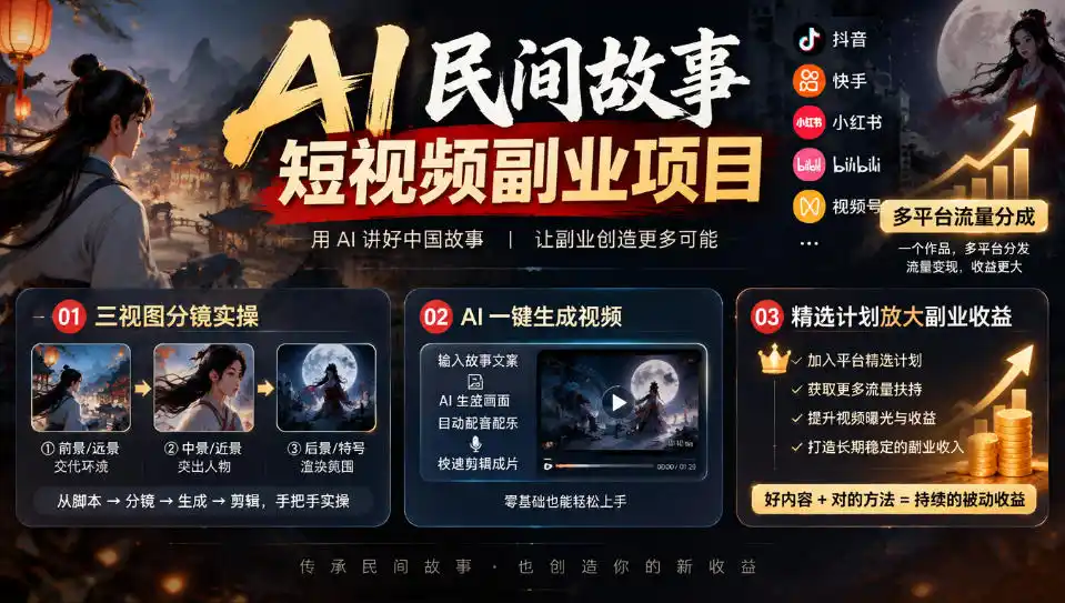 AI民间故事短视频副业项目,多平台流量分成,三视图分镜实操,精选计划放大副业收益-云启智联