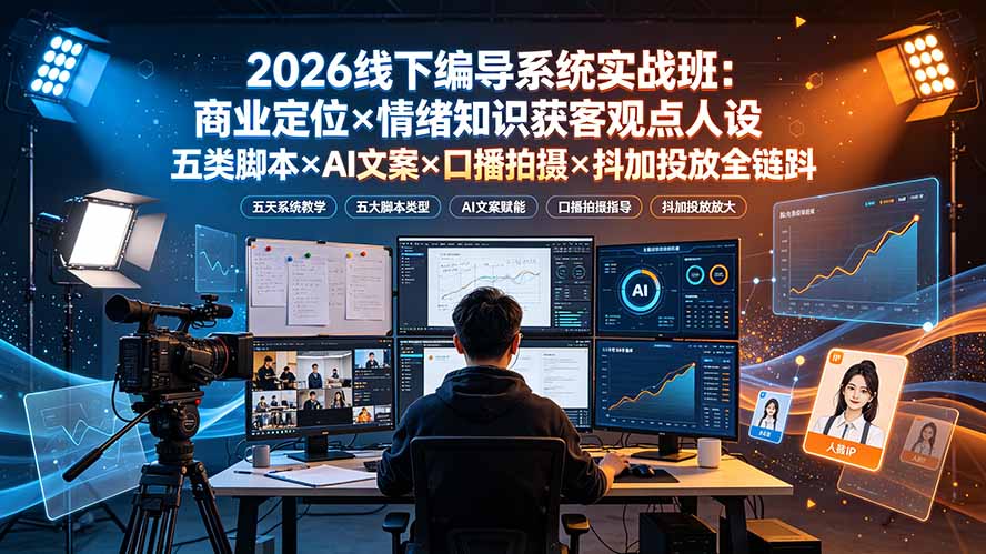 2026线下编导系统实战班：商业定位×情绪知识获客观点人设五类脚本×AI文案×口播拍摄×抖加投放全链路-云启智联