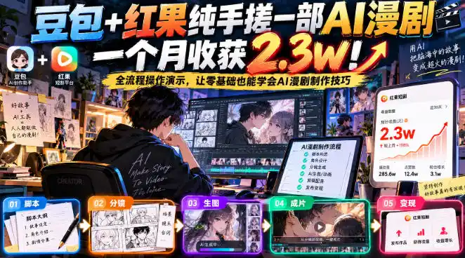 豆包+红果纯手搓一部AI漫剧一个月收获2.3w!全流程操作演示,让零基础也能学会AI漫剧制作技巧-云启智联