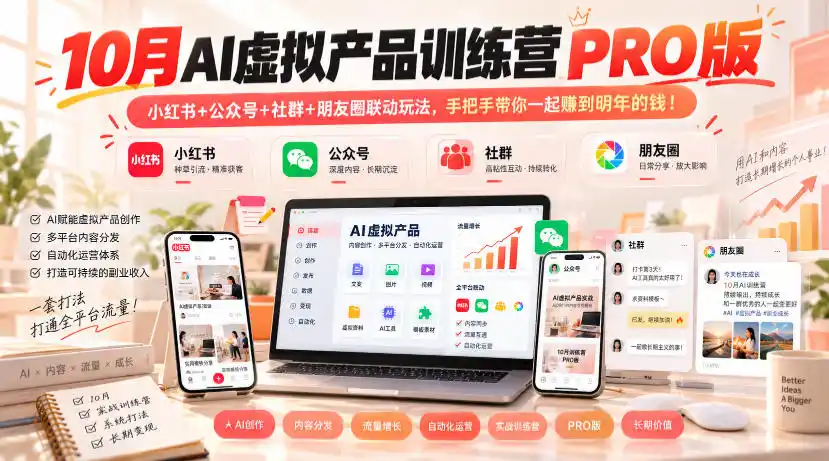 10月AI虚拟产品训练营PRO版，小红书+公众号+社群+朋友圈联动玩法，手把手带你一起赚到明年的钱！(更新1029)-云启智联