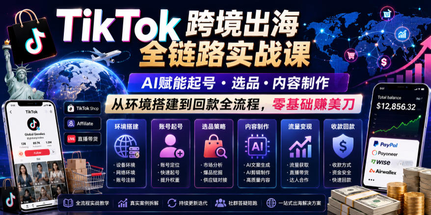 TikTok跨境出海全链路实战课，AI赋能起号・选品・内容制作，从环境搭建到回款全流程，零基础賺美刀-云启智联