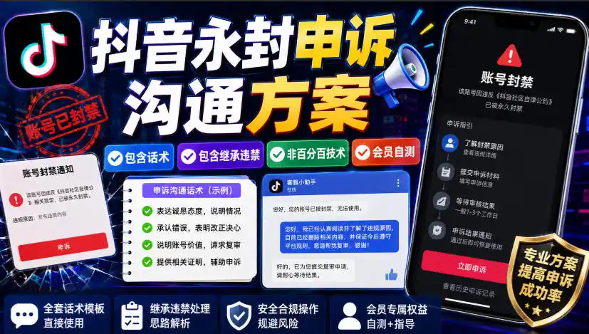 抖音永封申诉沟通方案，包含话术，包含继承违禁，非百分百技术，会员自测-云启智联