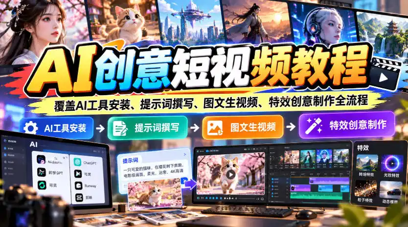 AI创意短视频教程，覆盖AI工具安装、提示词撰写、图文生视频、特效创意制作全流程-云启智联