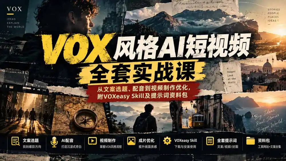 【无水印】VOX风格AI短视频全套实战课：从文案选题、配音到视频制作优化，附VOXeasy Skill及提示词资料包-云启智联