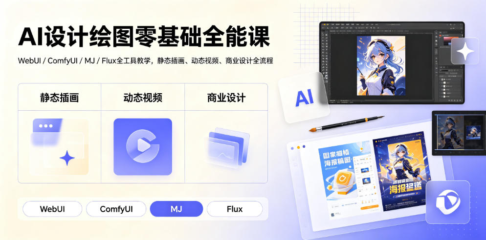 AI设计绘图零基础全能课｜WebUI/ComfyUI/MJ/Flux全工具教学，静态插画、动态视频、商业设计全流程-云启智联