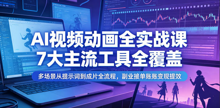 AI视频动画全实战课，7大主流工具全覆盖，多场景从提示词到成片全流程，副业接单账号变现提效-云启智联