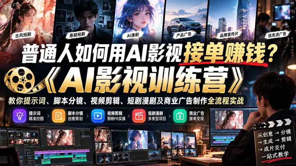 普通人如何用AI影视接单赚钱？《AI影视训练营》教你提示词、脚本分镜、视频剪辑、短剧漫剧及商业广告制作全流程实战-云启智联
