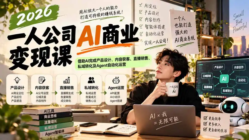 2026一人公司AI商业变现课：借助AI完成产品设计、内容获客、直播销售、私域转化及Agent自动化运营-云启智联