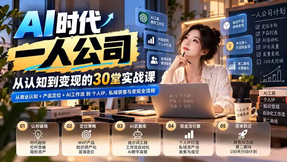 【无水印】AI时代一人公司30堂实战课：从商业认知+产品定位+AI工作流到个人IP、私域获客与变现全流程-云启智联