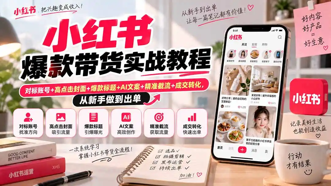 小红书爆款带货实战教程｜对标账号+高点击封面+爆款标题+AI文案+精准截流+成交转化，从新手做到出单-云启智联