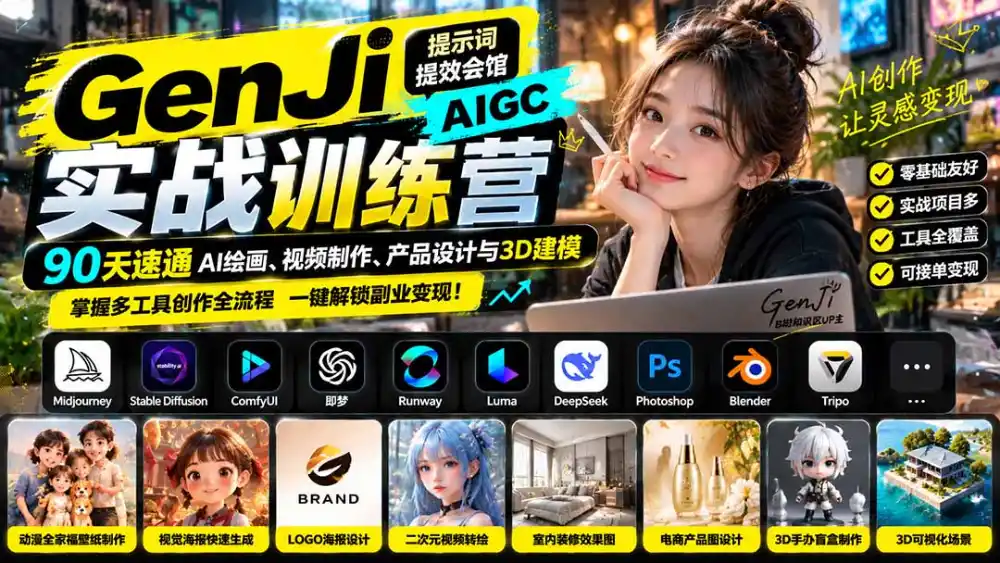 GenJi AIGC实战训练营：90天速通AI绘画、视频制作、产品设计与3D建模，掌握多工具创作全流程-云启智联
