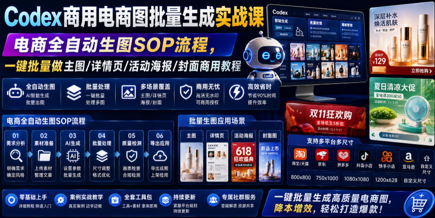 Codex商用电商图批量生成实战课｜电商全自动生图SOP流程，一键批量做主图/详情页/活动海报/封面商用教程-云启智联