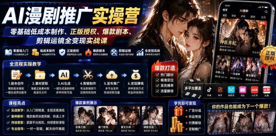 AI漫剧推广实操营｜零基础低成本制作、正版授权、爆款剧本、剪辑运镜全变现实战课-云启智联
