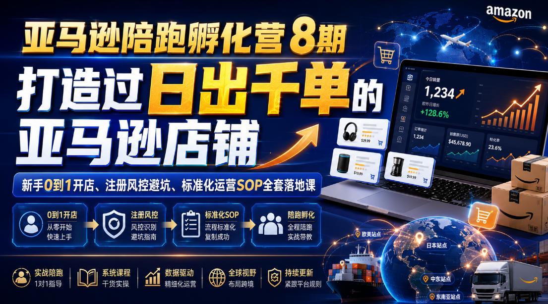 亚马逊陪跑孵化营8期，打造过日出千单的亚马逊店铺，新手0到1开店、注册风控避坑、标准化运营SOP全套落地课-云启智联