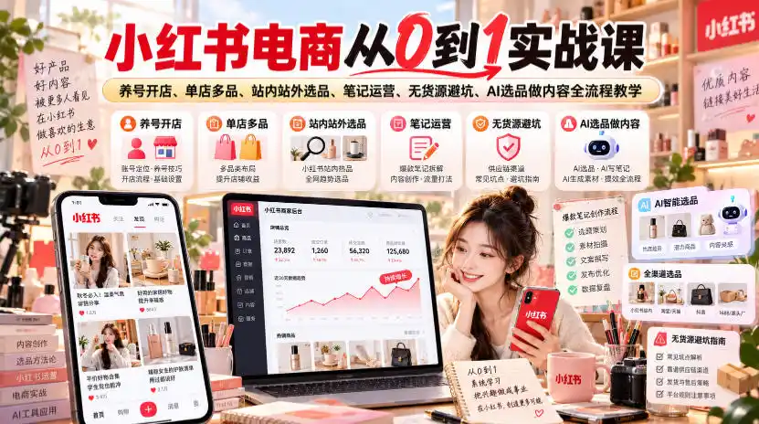 小红书电商从0到1实战课｜养号开店、单店多品、站内站外选品、笔记运营、无货源避坑、AI选品做内容全流程教学-云启智联