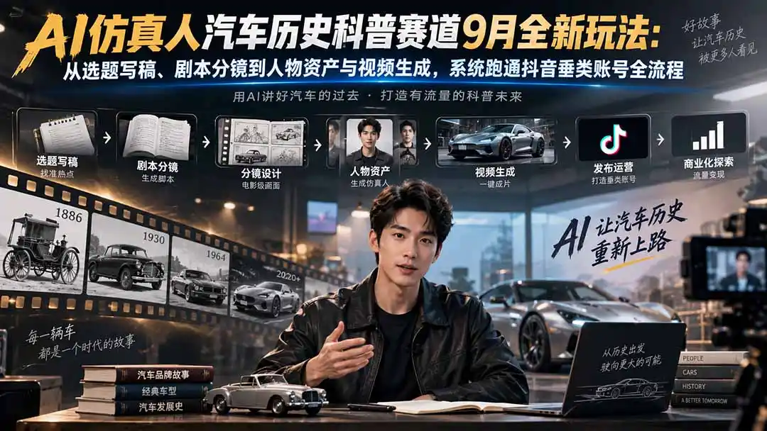 AI仿真人汽车历史科普赛道9月全新玩法：从选题写稿、剧本分镜到人物资产与视频生成，系统跑通抖音垂类账号全流程-云启智联