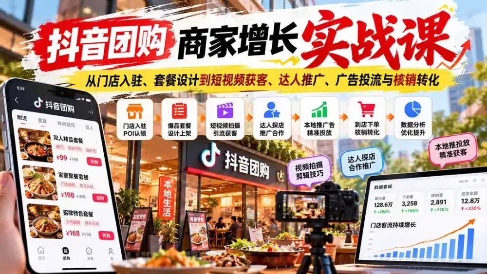抖音团购商家增长实战课：从门店入驻、套餐设计到短视频获客、达人推广、广告投流与核销转化-云启智联