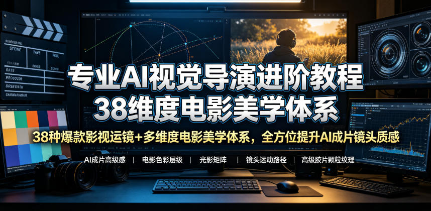 专业AI视觉导演进阶教程，38种爆款影视运镜+多维度电影美学体系，全方位提升AI成片高级感与镜头质感-云启智联