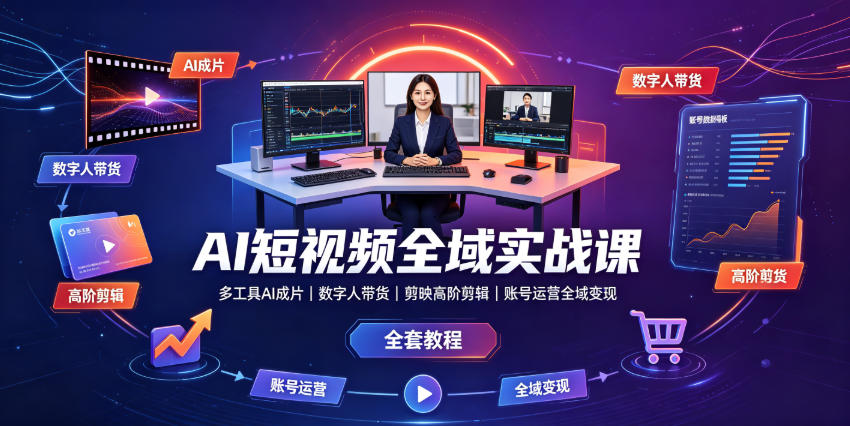 AI短视频全域实战课｜多工具AI成片、数字人带货、剪映高阶剪辑、账号运营全域变现全套教程-云启智联