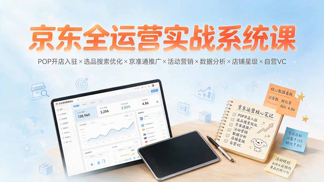 京东全运营实战系统课：POP开店入驻×选品搜索优化×京准通推广×活动营销×数据分析×店铺星级×自营VC-云启智联