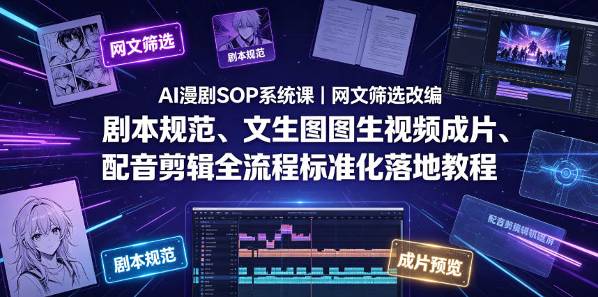 AI漫剧SOP系统课｜网文筛选改编、剧本规范、文生图图生视频成片、配音剪辑全流程标准化落地教程(更新)-云启智联